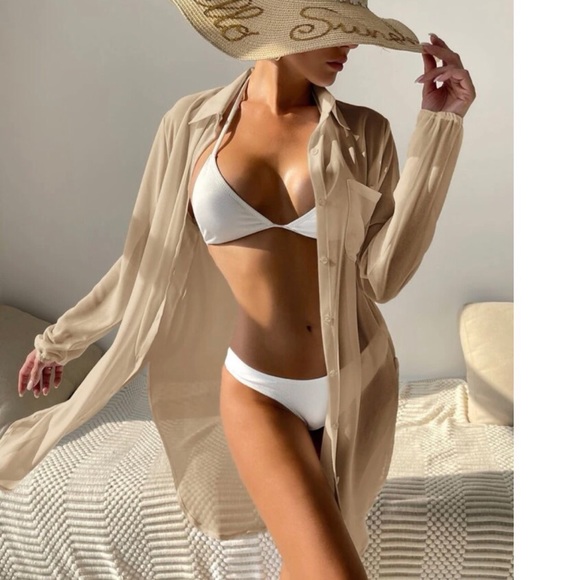 Shirt kimono bikini cover-up button collar slit side khaki top beach summer - Picture 5 of 5